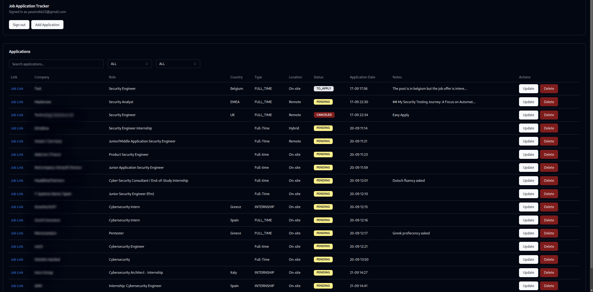 Screenshot of Job/Internship Application Tracker